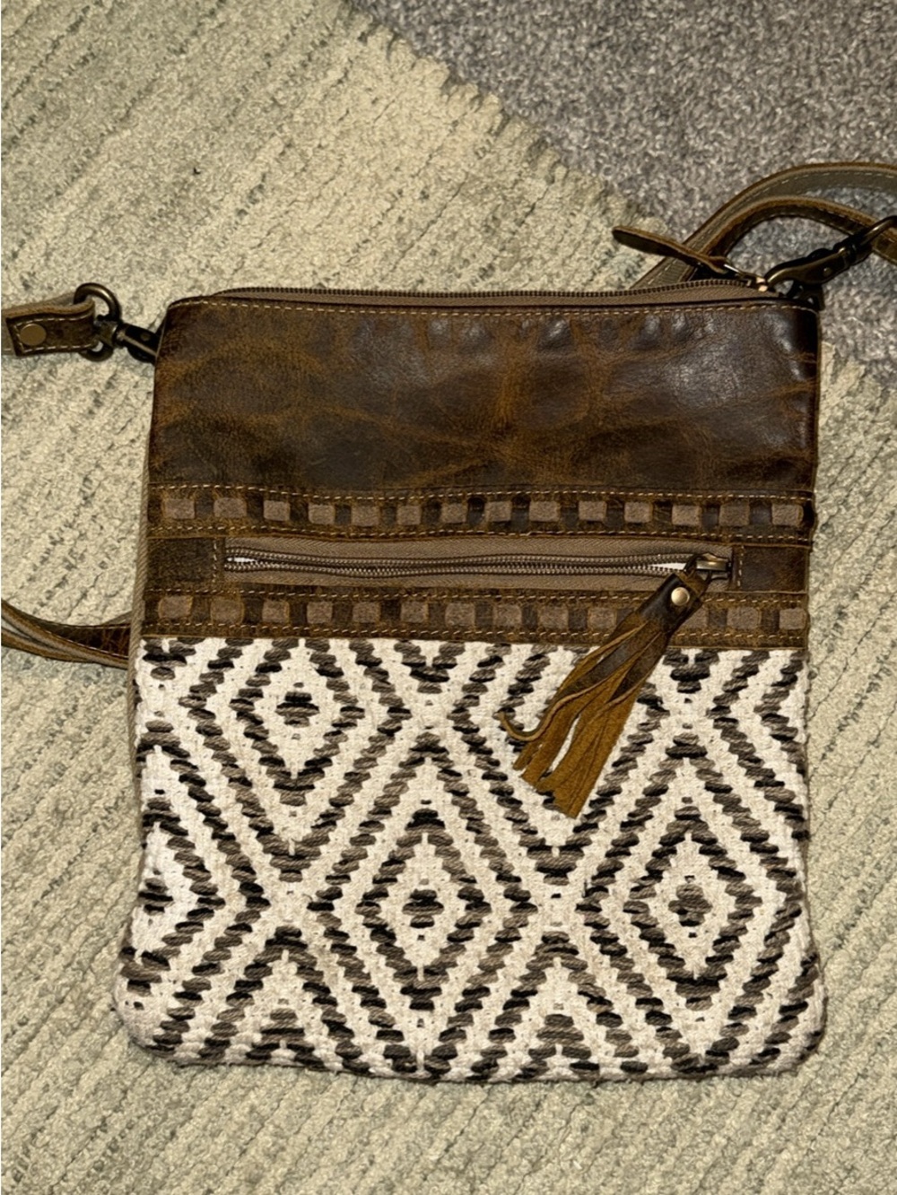 Myra Bag Brown & Ivory Diamond Crossbody with Tassel